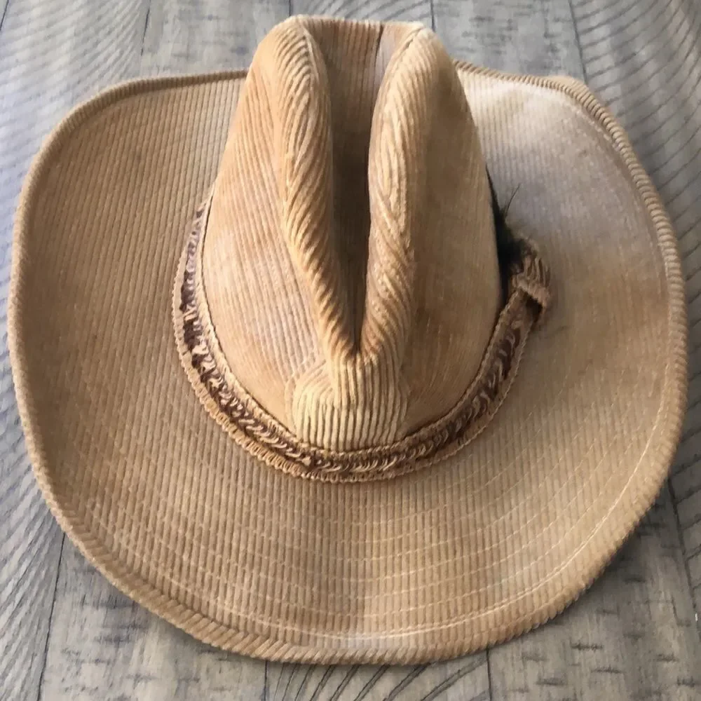 Country Gentleman’s Corduroy Wide Brim Ranch Hat in Tan Feather and braid accent